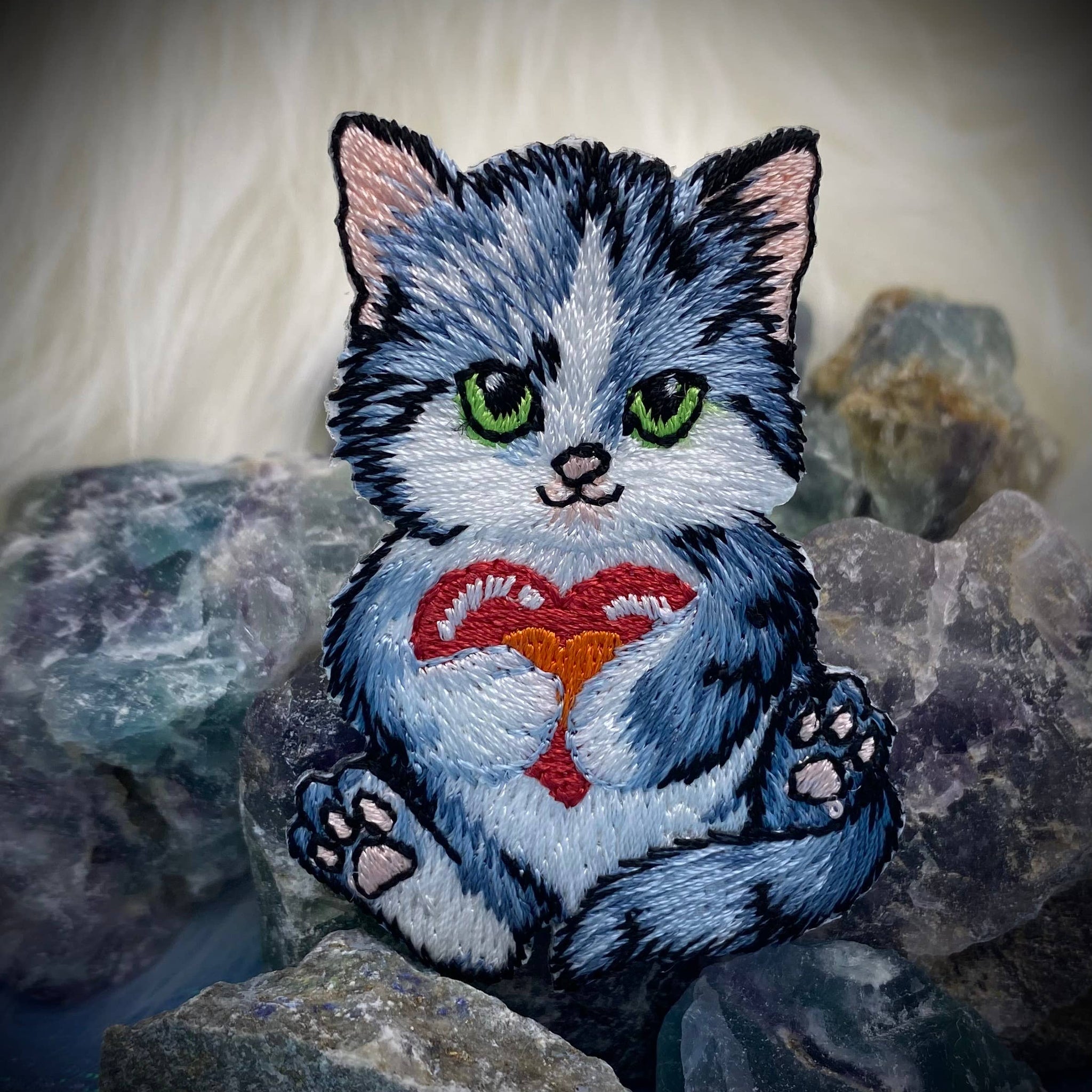 Cat with Red Heart, Kitten, Pets, Embroidered, Iron-on Patch