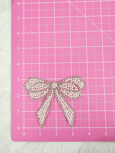 Rhinestone Bow with Silver Outline and White Pearl Iron-on Patch
