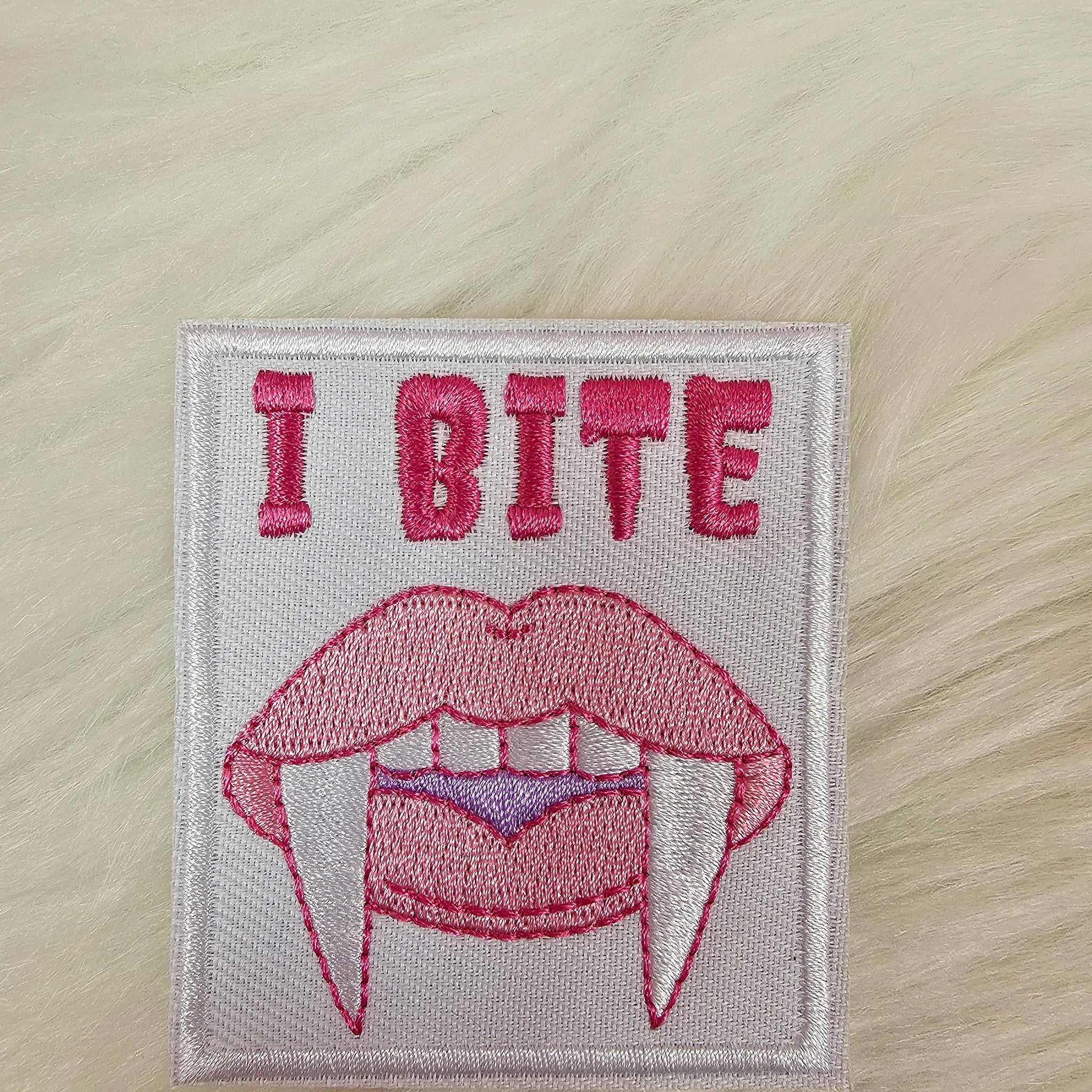 I BITE Pink Fang Vampire Lips Embroidery Iron On Patch