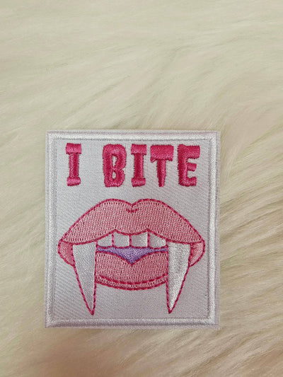 I BITE Pink Fang Vampire Lips Embroidery Iron On Patch