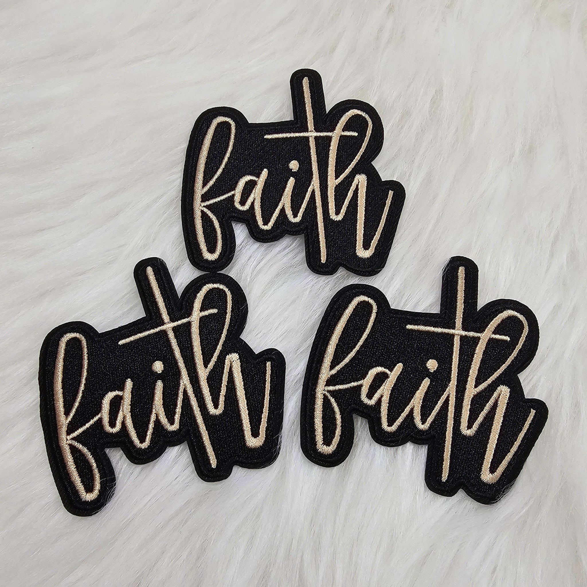 'Faith' with Cross in Black and Tan Woven Embroidery Iron On Patch