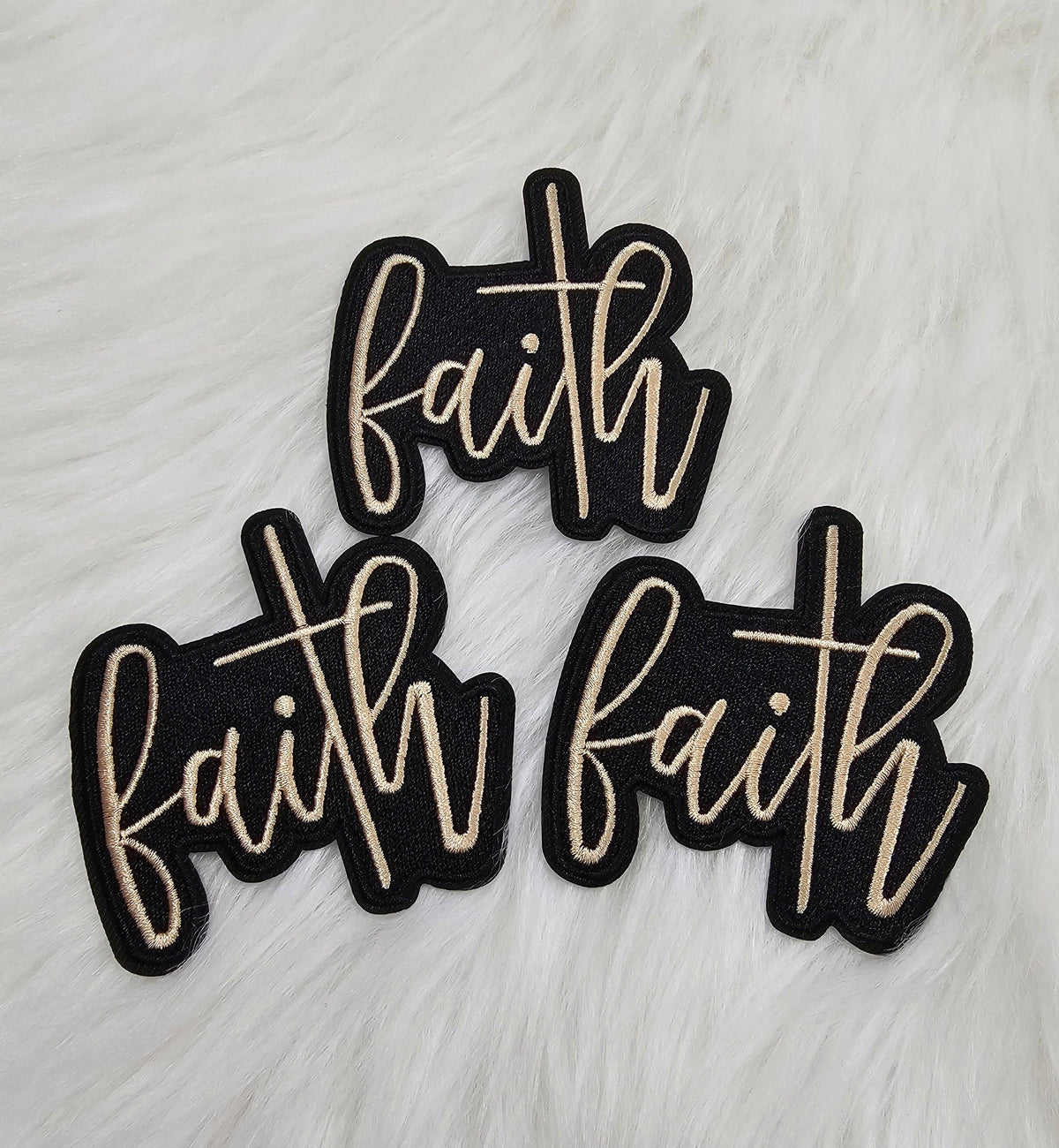 'Faith' with Cross in Black and Tan Woven Embroidery Iron On Patch
