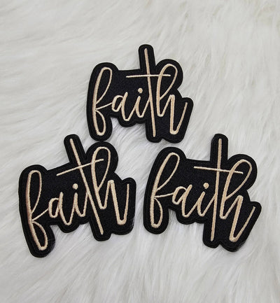 'Faith' with Cross in Black and Tan Woven Embroidery Iron On Patch
