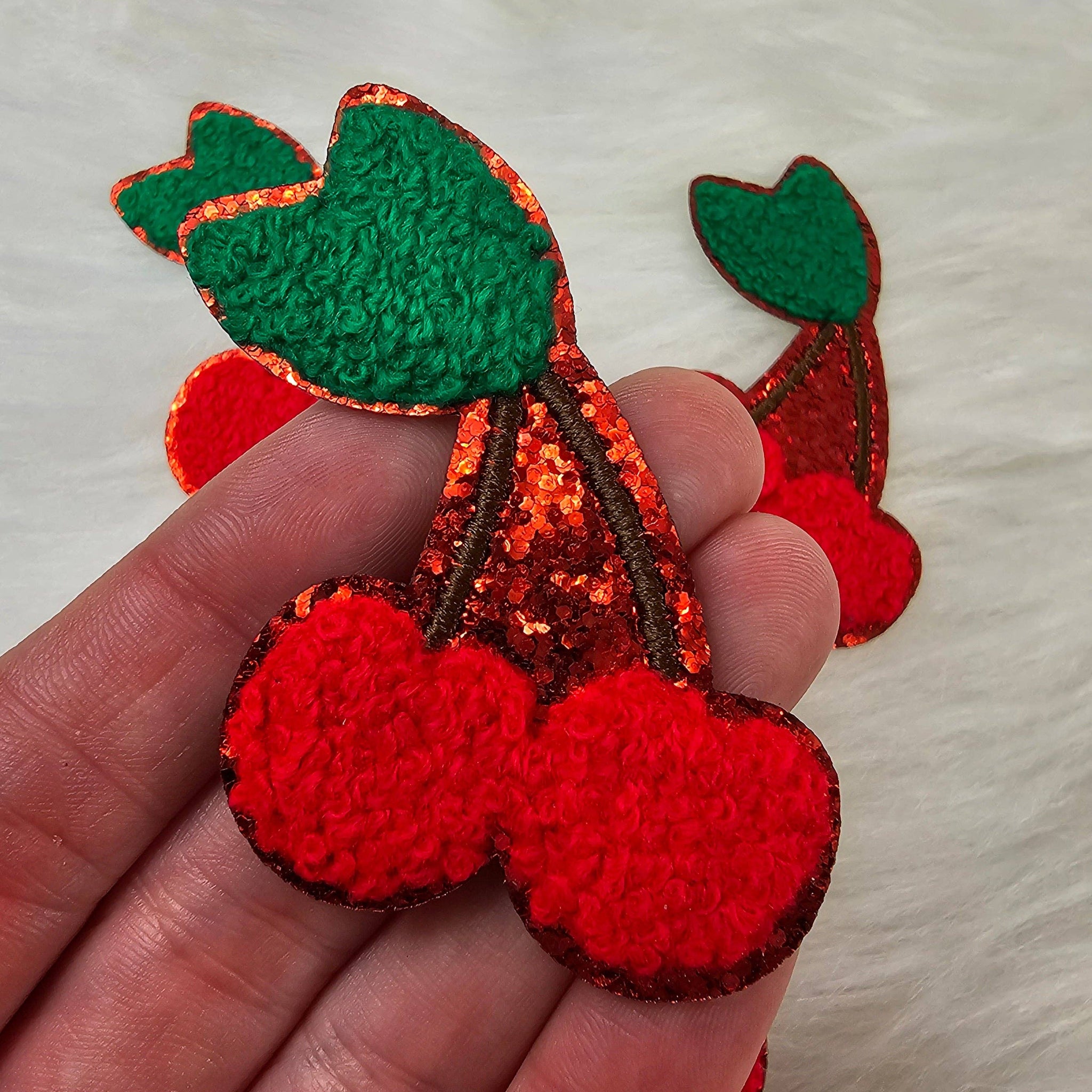 Cherry Chenille with Red Glitter Iron On Patch
