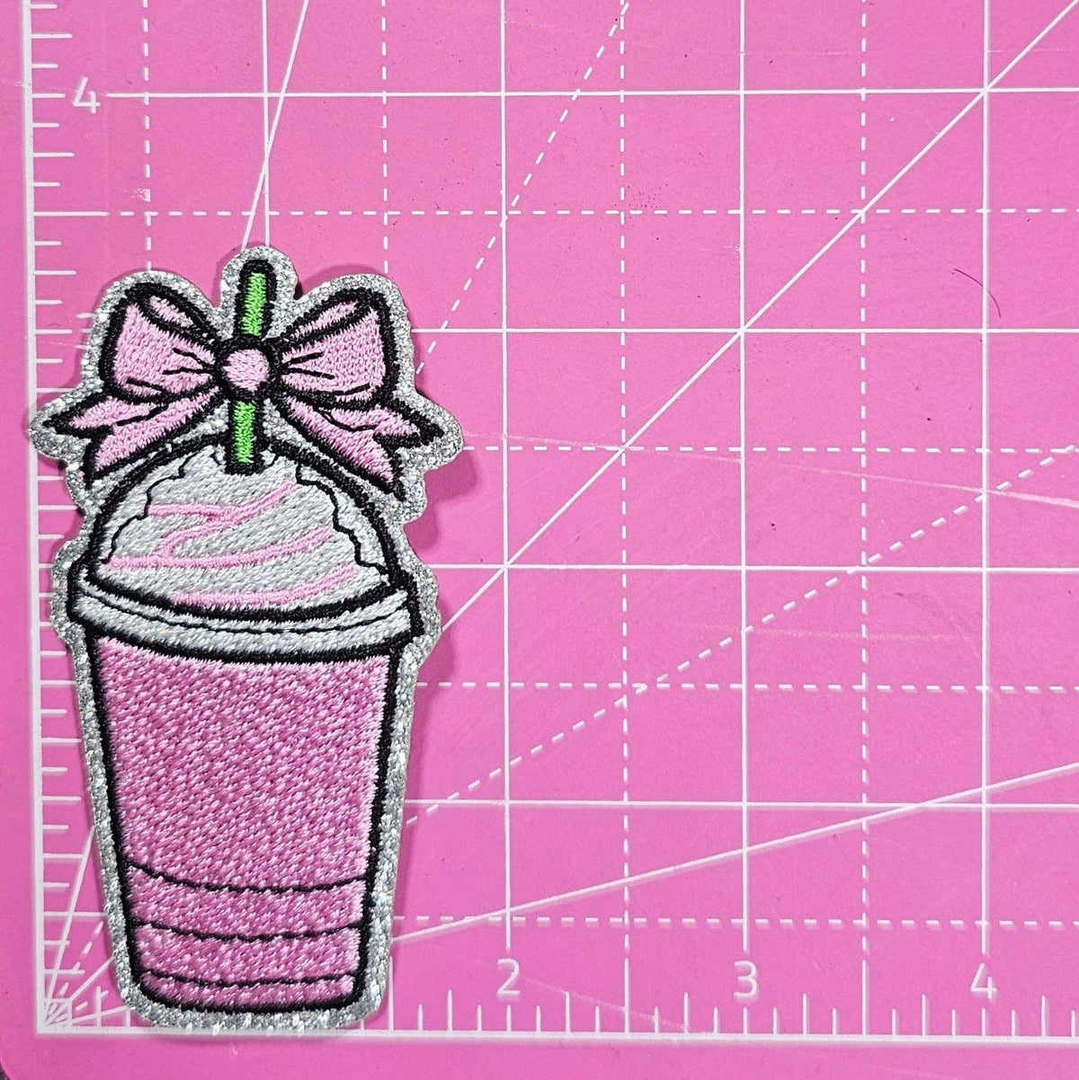 Pink Coffee Coquette Bow on Silver Glitter Iron On Patch